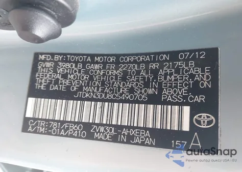2012 Toyota Prius Three z USA, uszkodzony, nr VIN JTDKN3DU8C5490705